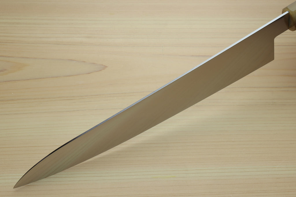 Gyuto chef knife blade with fine edge, stainless steel finish