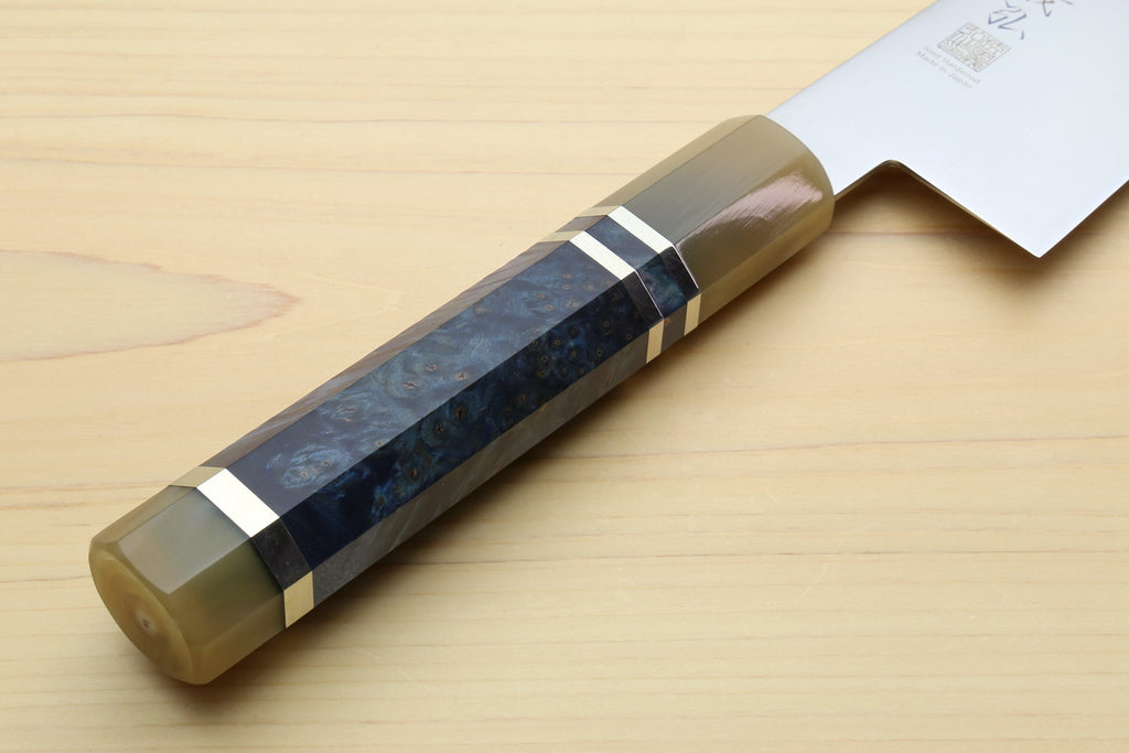 Gyuto chef knife showing ocean blue handle with stainless blade base
