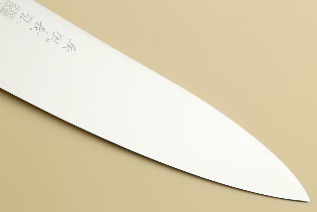 Japanese gyuto knife blade edge close-up with clean bevel and pointed tip