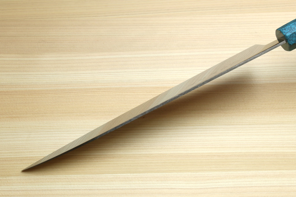 Stainless steel gyuto chef knife with pointed tip and turquoise blue handle