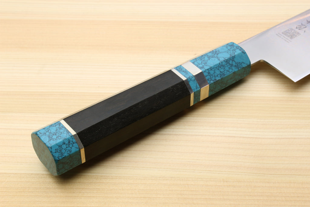 Stainless steel gyuto chef knife with turquoise blue stone-texture handle