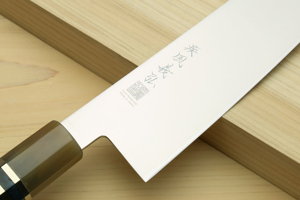 Kiritsuke chef knife with stainless blade, engraved mark, and ocean blue handle