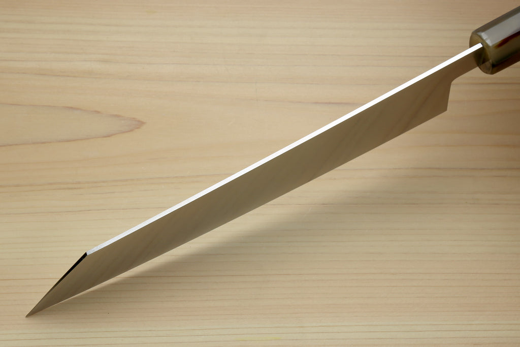 Kiritsuke chef knife with long stainless blade and ocean blue handle