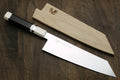 Kiritsuke chef knife with sheath, stainless blade, ebony handle and ivory accents.