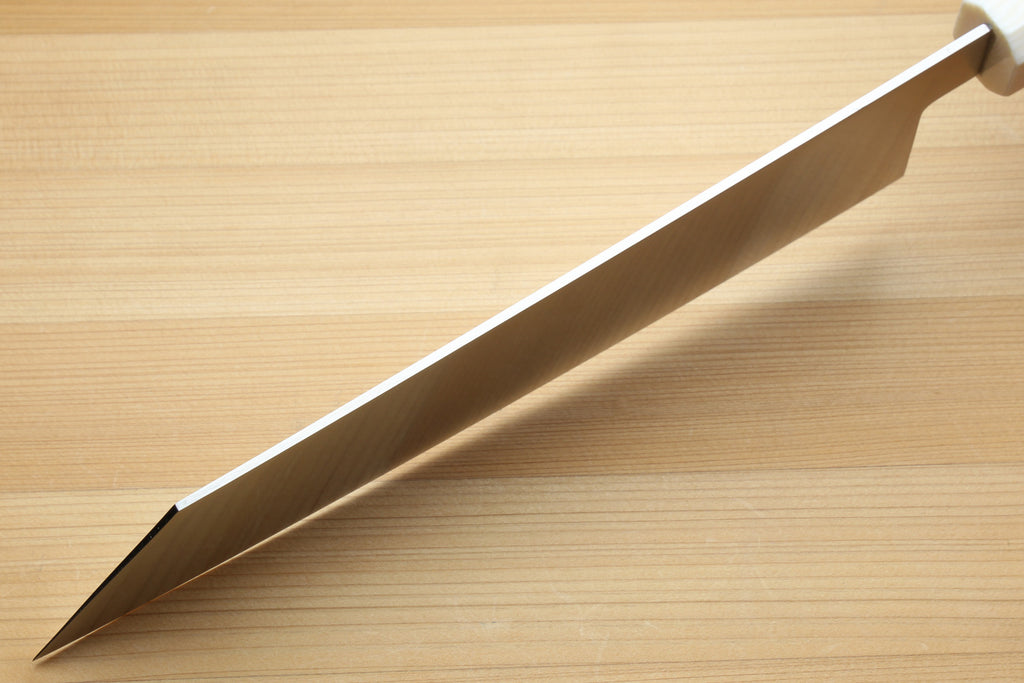 Kiritsuke chef knife blade with pointed tip and straight cutting edge.