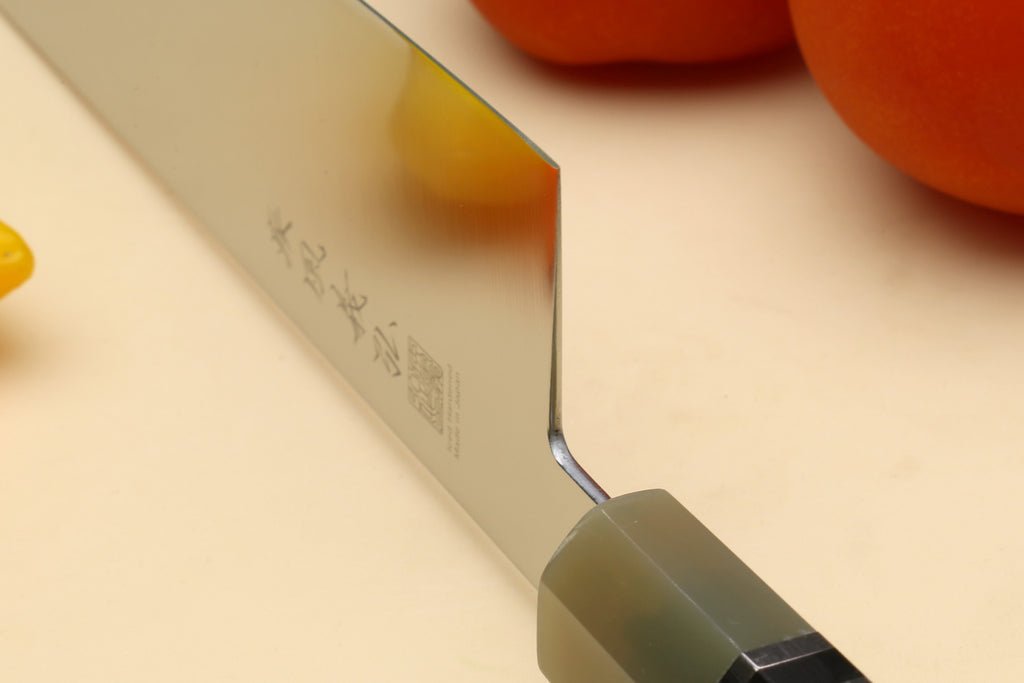 Stainless kiritsuke chef knife with triple-ring handle and side engraving