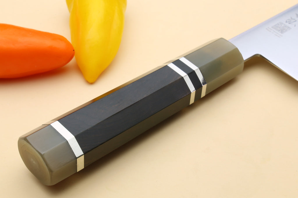 Yoshihiro kiritsuke chef knife handle with triple-ring design, dark ebony