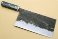 Chinese-style vegetable cleaver knife with blue speckled handle and broad chopping blade