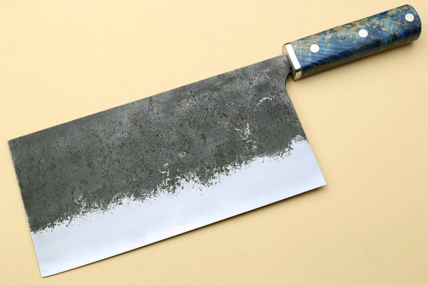 Chinese-style vegetable cleaver knife with blue speckled handle, flat blade