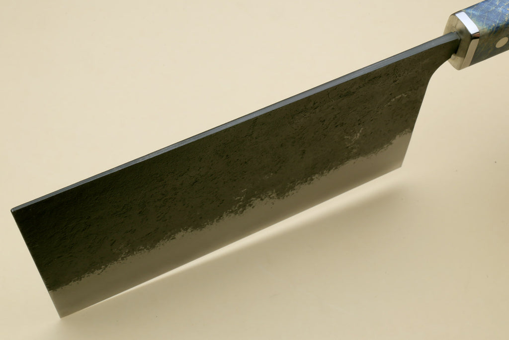 Chinese-style vegetable cleaver knife, dark blade edge and blue mottled handle