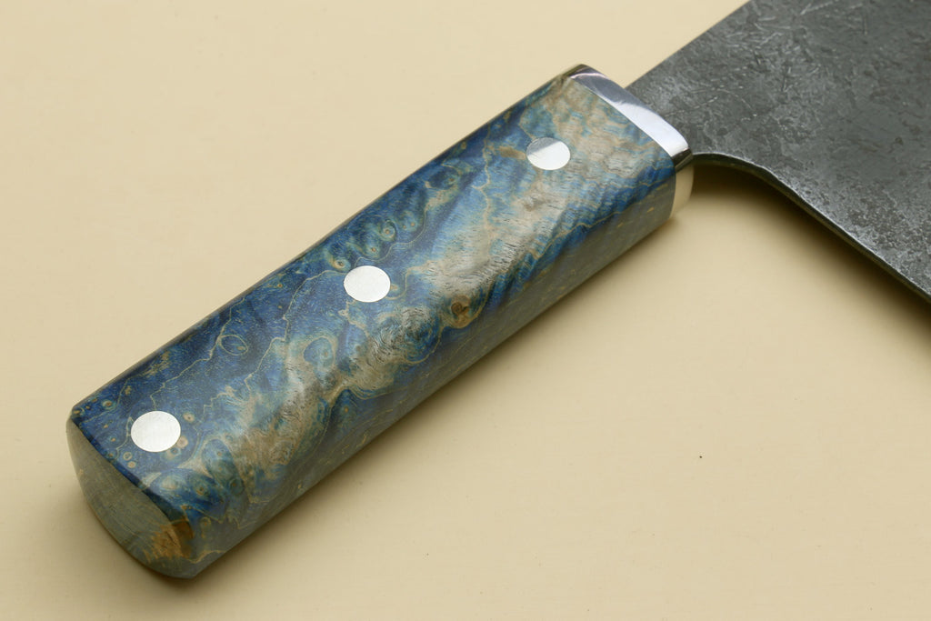 Chinese-style vegetable cleaver knife with blue mottled bolster and riveted handle