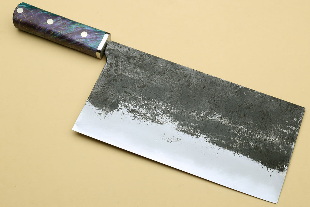 Chinese-style vegetable cleaver knife, dark mottled blade with iridescent purple-blue handle