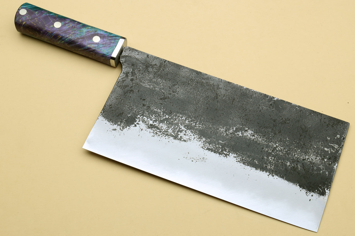 Chinese-style vegetable cleaver knife, dark mottled blade with iridescent purple-blue handle