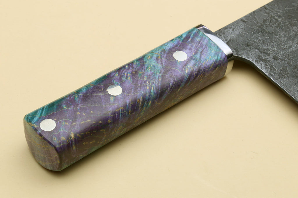 Chinese-style cleaver knife, iridescent purple-blue handle with metal bolster and dark blade