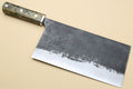 Chinese-style vegetable cleaver knife with speckled dark blade and stabilized burl handle