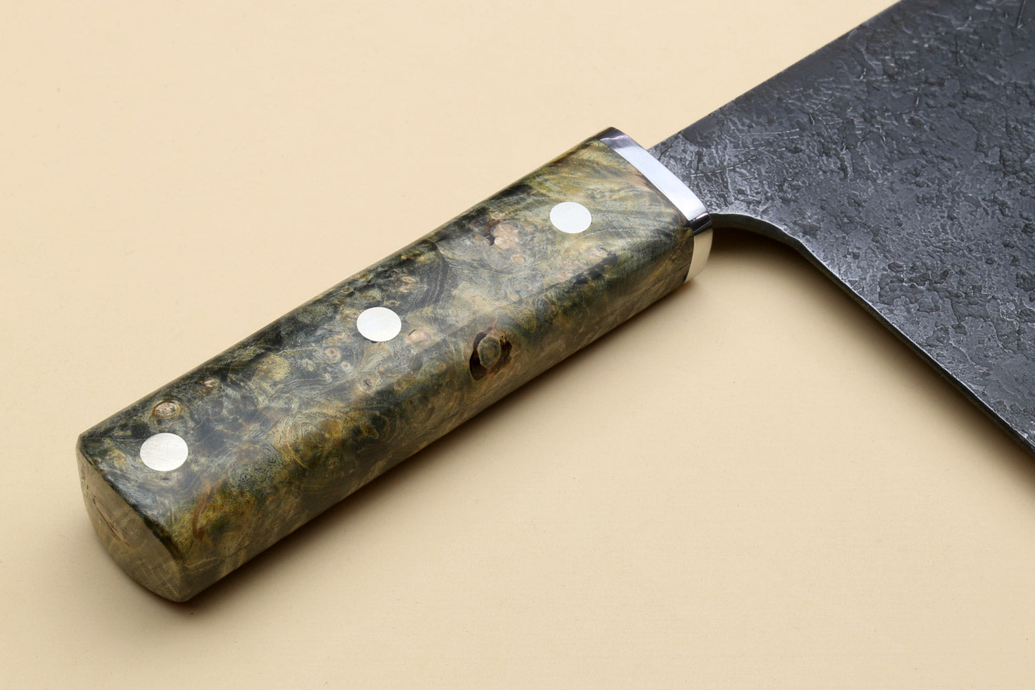 Chinese-style vegetable cleaver knife with stabilized burl handle and riveted bolster