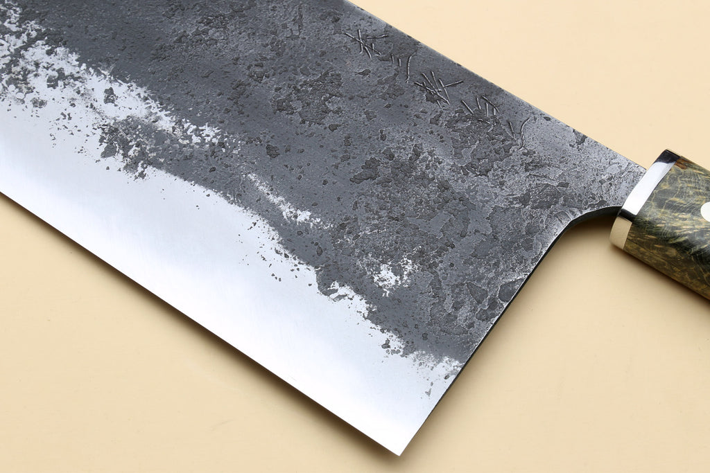 Chinese-style cleaver knife with wide silver blade and dark burl-style handle