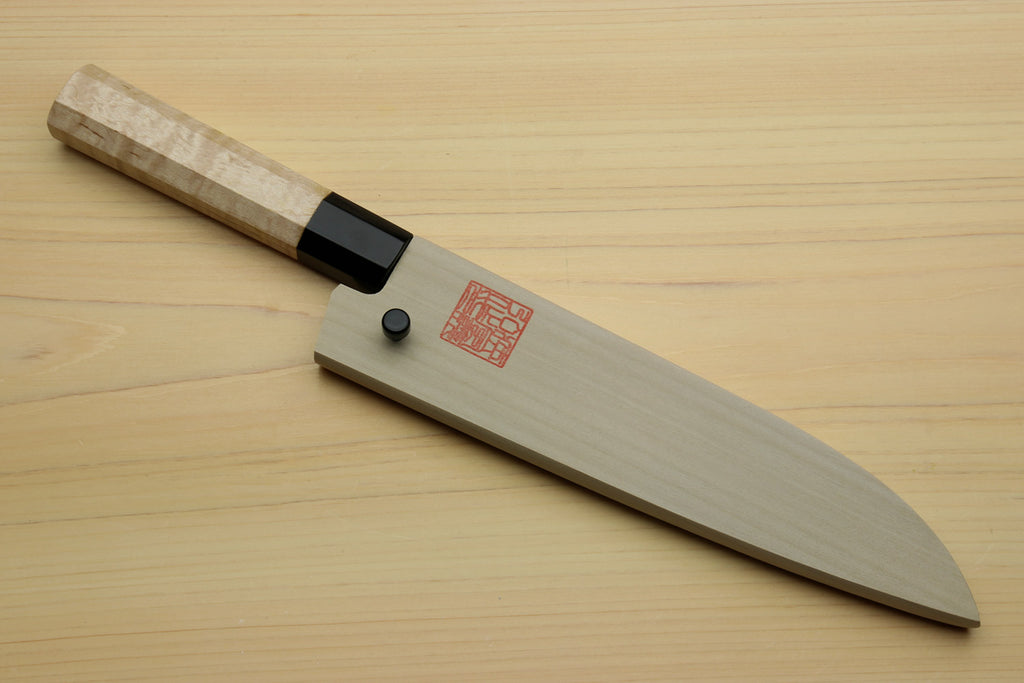 Petty utility knife with light wood handle and matching saya cover with red label