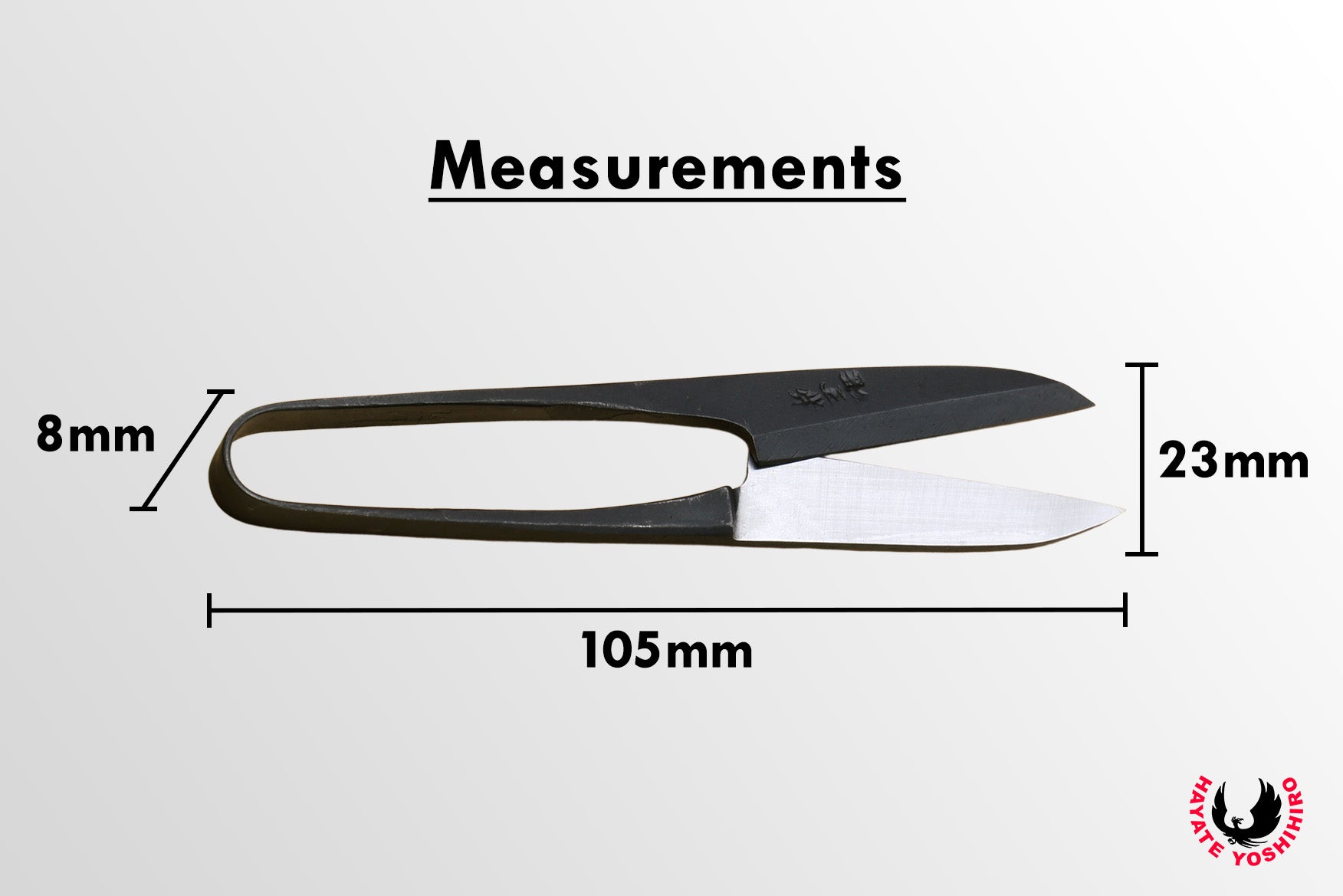 Sewing snip scissors measurements: 105mm length, 8mm opening, 23mm blade