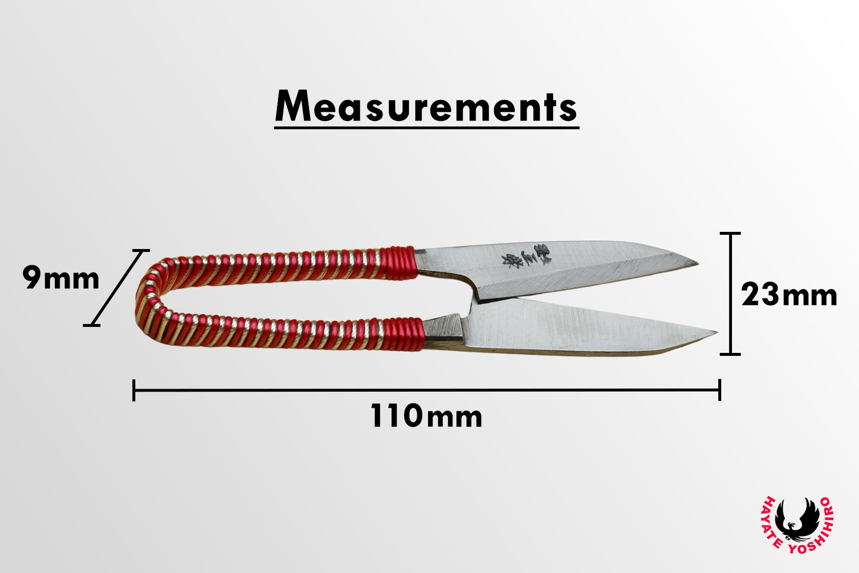 Sewing snip scissors dimensions: 110mm long, red string-wrapped handle, 23mm blades