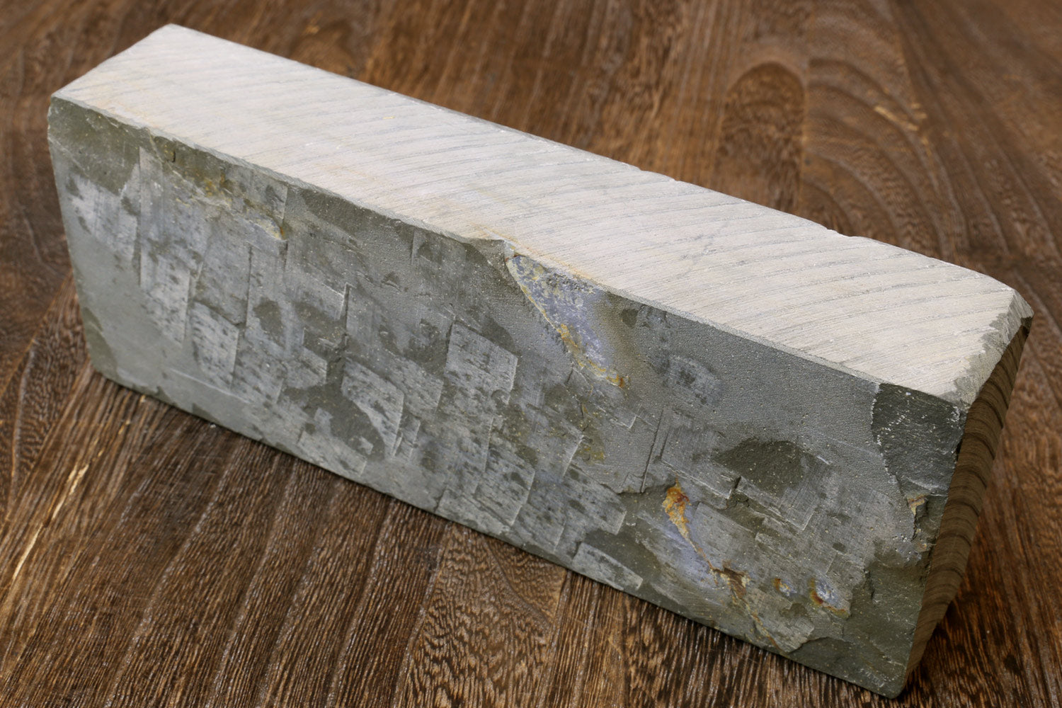 Natural whetstone sharpening stone, long rectangular block with etched marks