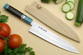Chef's gyuto knife with hammered Damascus blade and turquoise blue octagonal handle