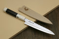Damascus petty knife with ivory handle, plus matching wooden saya case