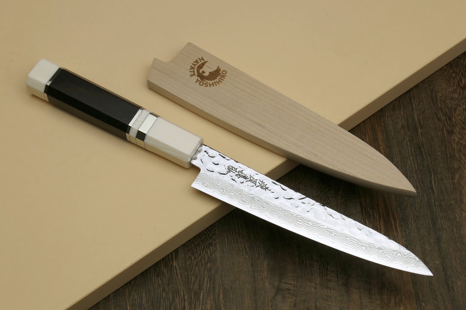 Damascus petty knife with ivory handle, plus matching wooden saya case