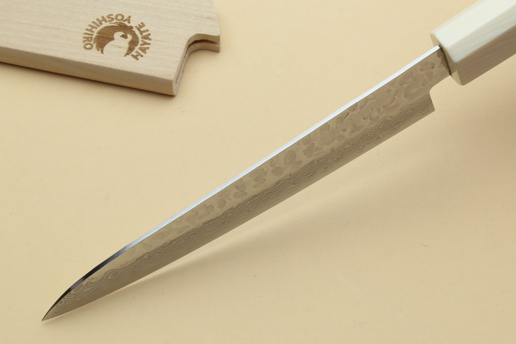 Damascus petty utility knife with pointed tip and ivory handle