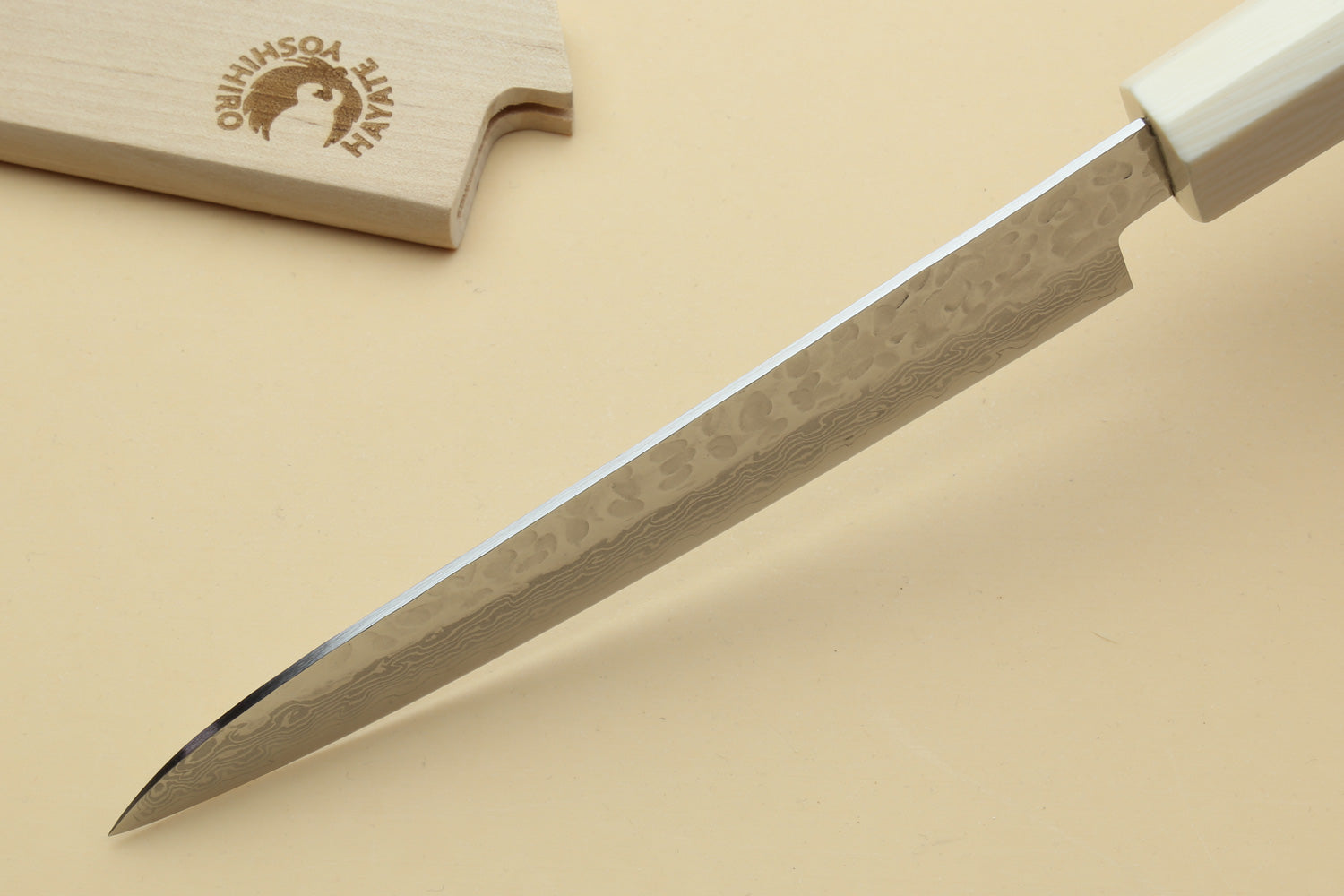 Damascus petty utility knife with pointed tip and ivory handle