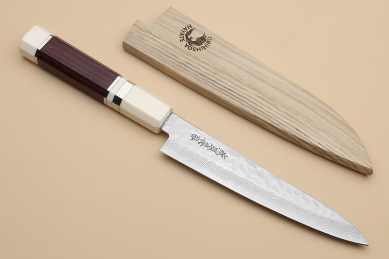 Yoshihiro VG-10 petty knife with hammered Damascus blade, rosewood handle, ivory bolster