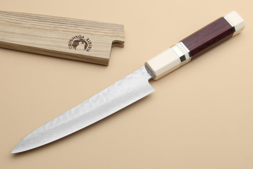 Yoshihiro VG-10 petty knife with Damascus-pattern blade and dark rosewood handle, ivory bolster