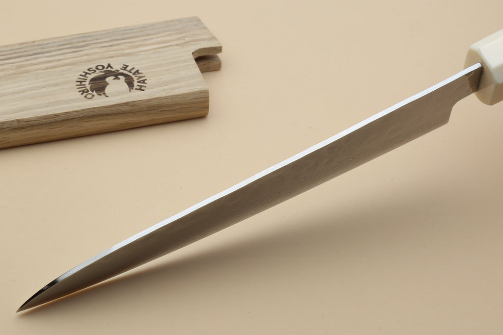 Yoshihiro VG-10 petty knife tip view with Damascus blade and rosewood handle, ivory bolster