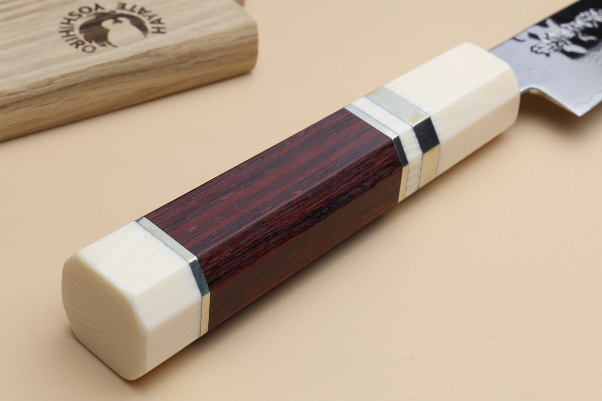 Yoshihiro VG-10 bolster detail, dark rosewood scales with ivory spacers and pins