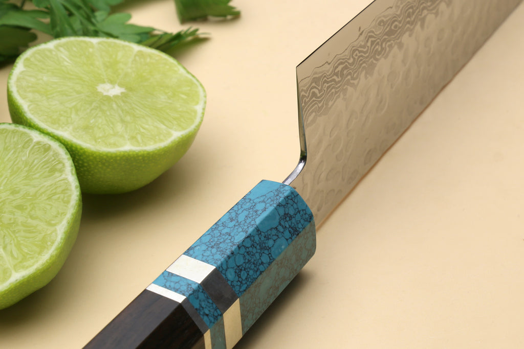 Santoku knife with turquoise blue handle and hammered Damascus blade