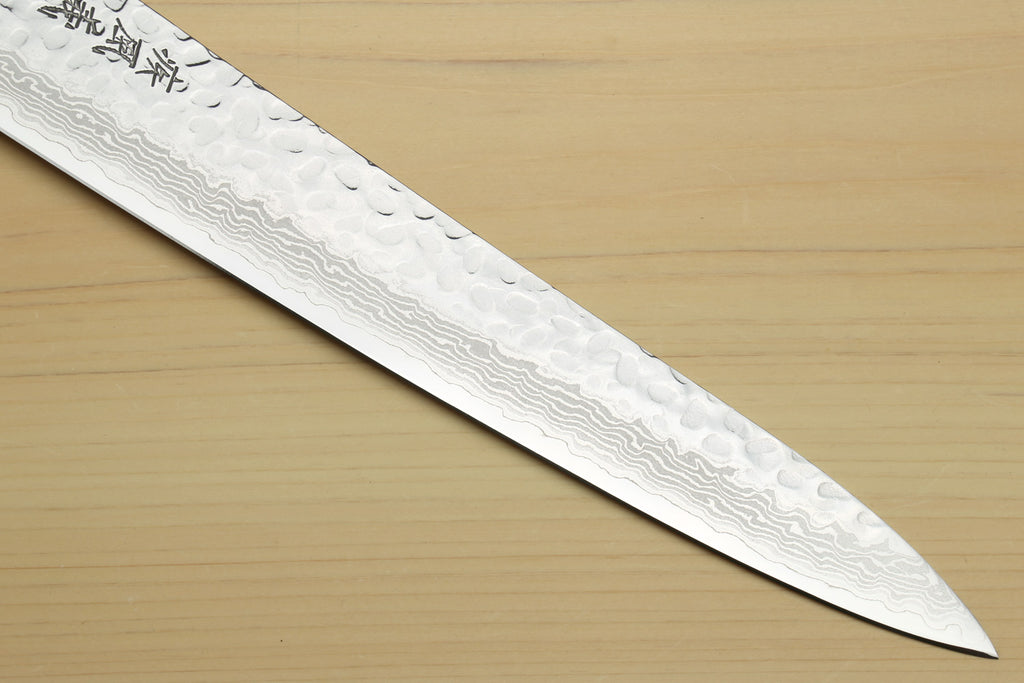 Japanese sujihiki slicer knife, damascus patterned blade with straight pointed tip