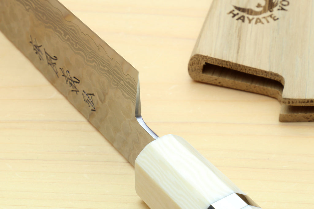 Japanese sujihiki slicer knife, damascus blade with ivory-toned handle