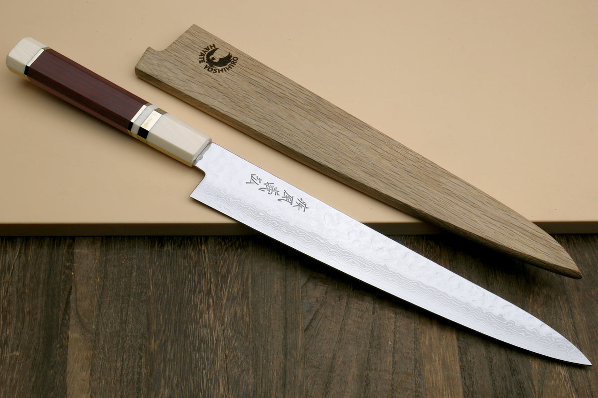 Damascus sujihiki slicer knife with hammered steel blade and rosewood octagonal handle