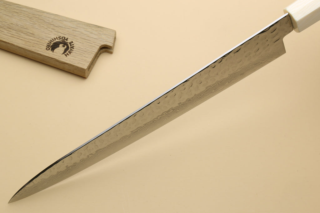 Damascus sujihiki slicer knife with wide blade edge and octagonal rosewood handle