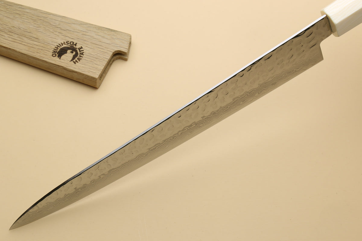 Damascus sujihiki slicer knife with wide blade edge and octagonal rosewood handle