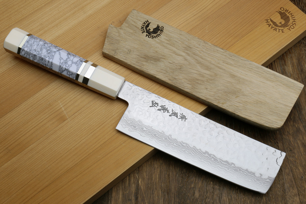 6.5 in nakiri vegetable knife, white howlite handle, hammered Damascus blade
