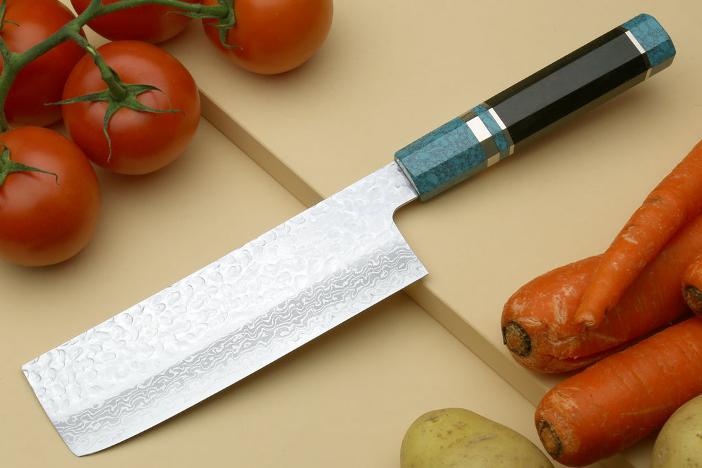 Nakiri vegetable knife with broad damascus blade, turquoise octagonal handle, black collar
