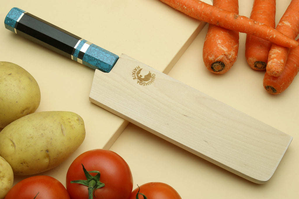 Nakiri vegetable knife with light wooden saya, turquoise octagonal handle and damascus blade