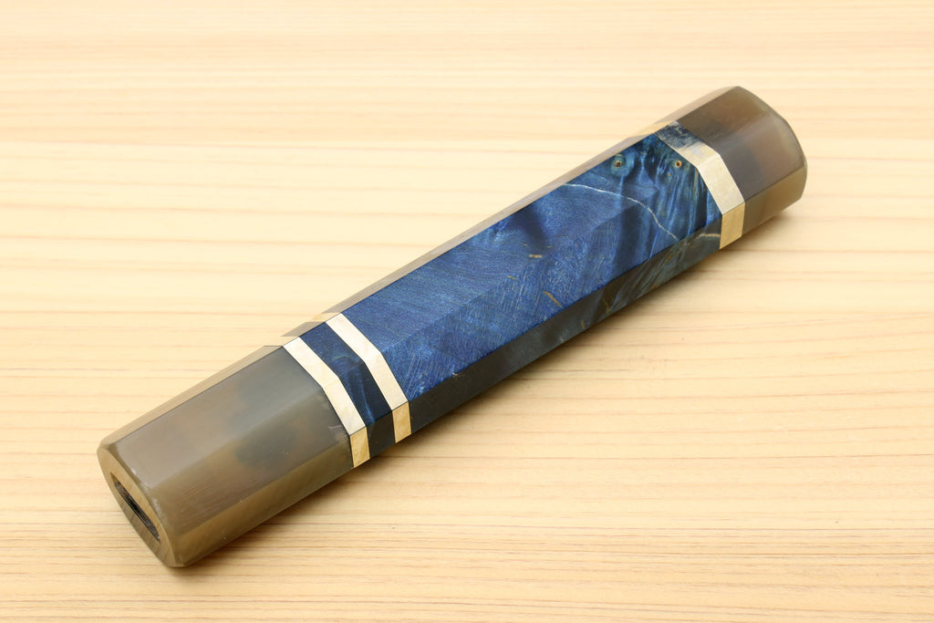 Ocean blue knife handle with water buffalo horn bolster and striped band