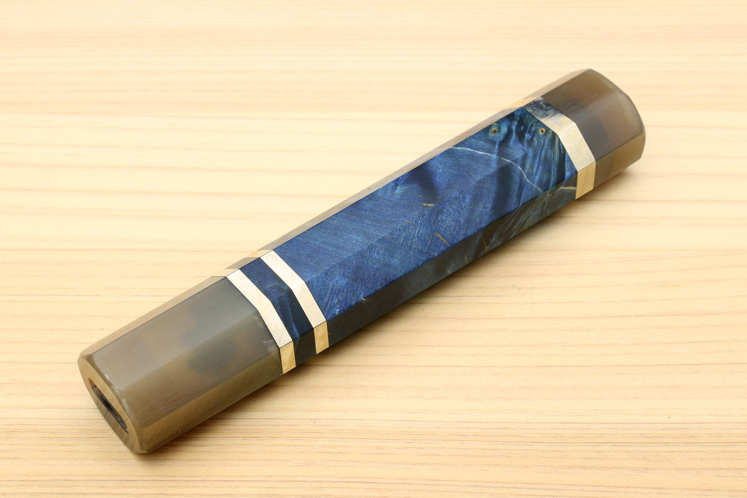 Ocean blue knife handle with water buffalo horn bolster and striped band