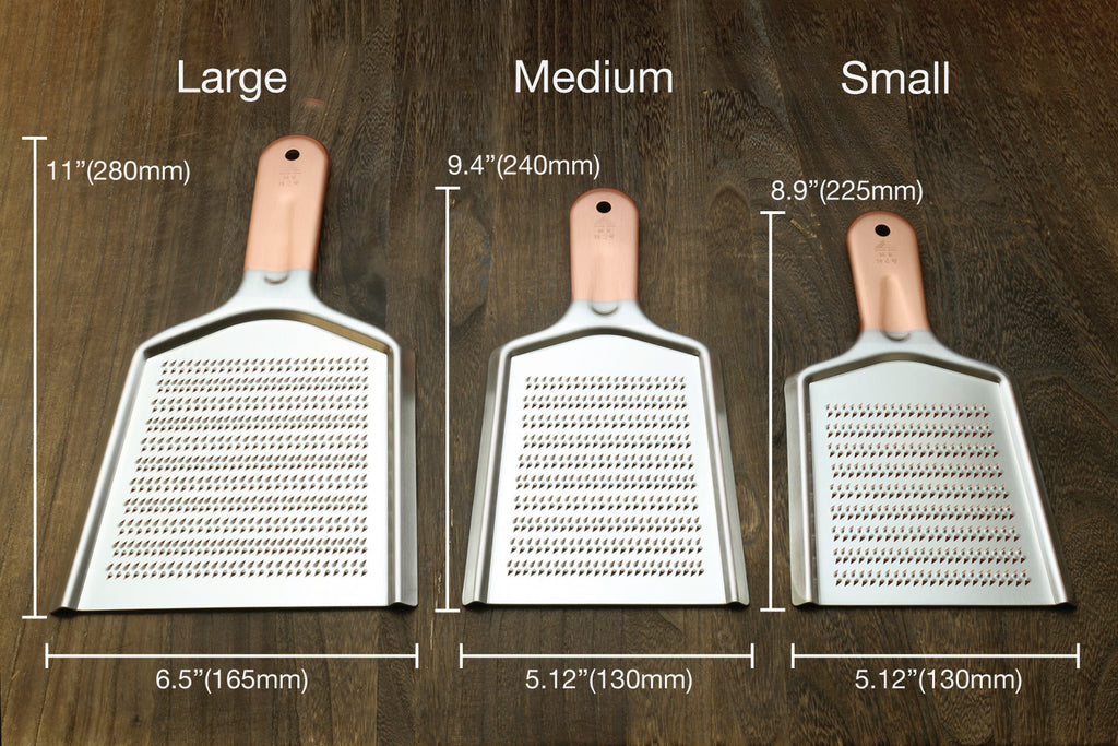 Radish grater size guide: large, medium, and small with perforated plates