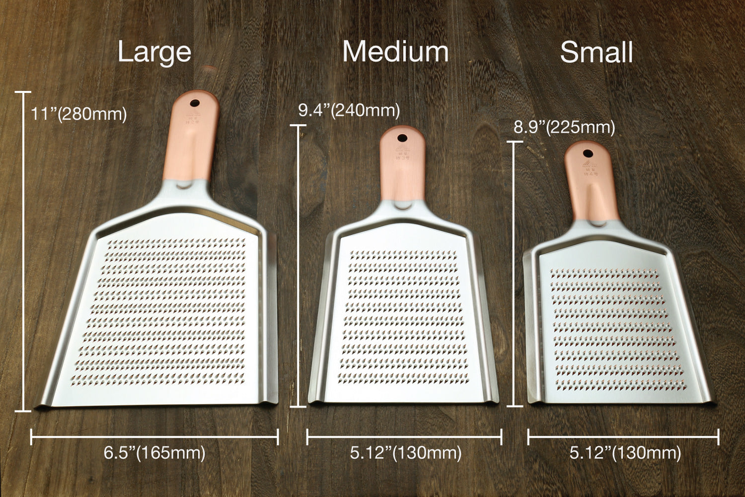 Radish grater size guide: large, medium, and small with perforated plates