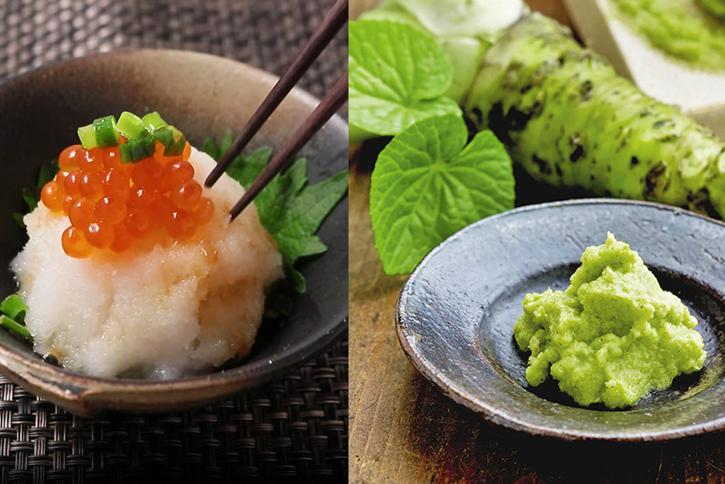 Grated radish topped dish served in small bowl with garnish