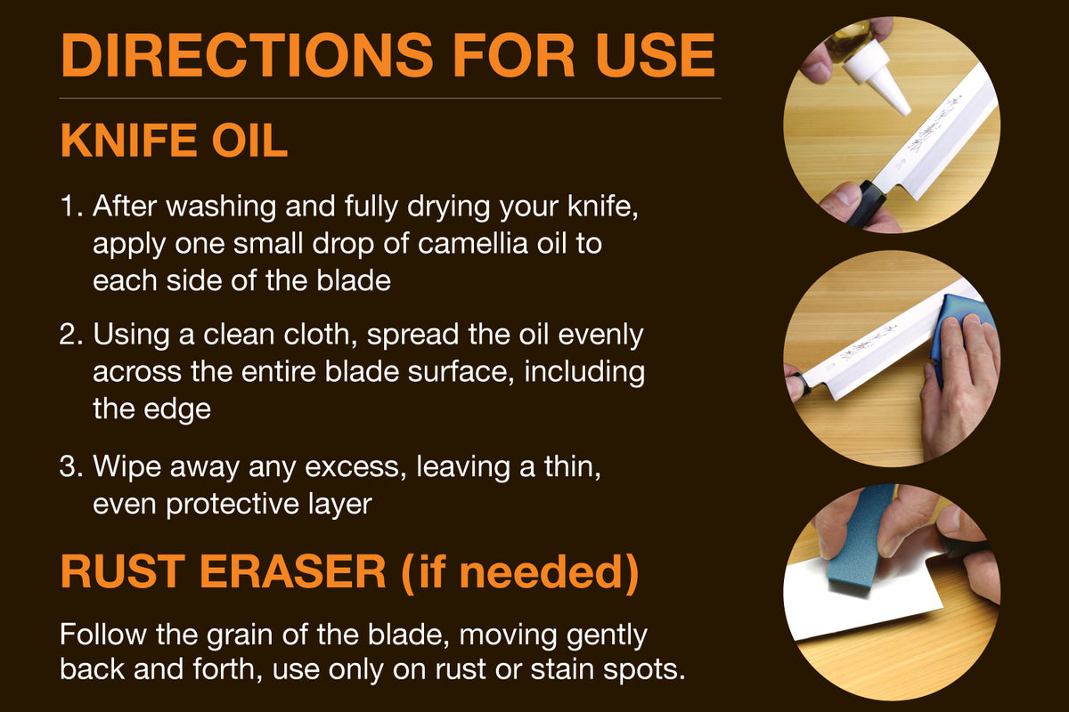 Directions for use card for knife oil and rust eraser