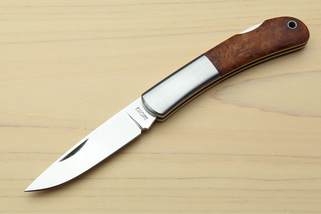Lockback folding pocket knife with polished steel blade and brown wood handle